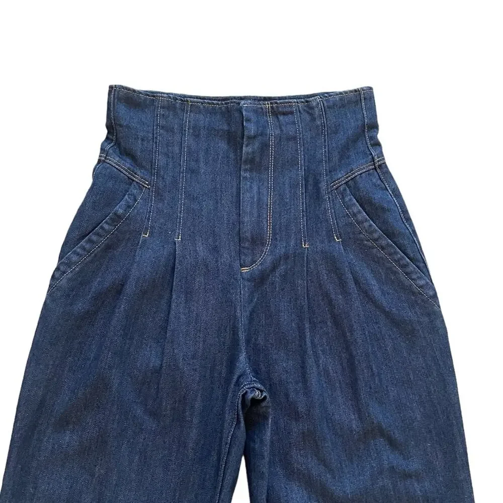 La Vie Rebecca Taylor Pleated High Rise Jeans Dark Indigo Wash 26